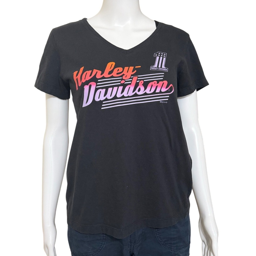 Harley-Davidson Black Orange V-Neck Short Sleeve T-Shirt Size Large